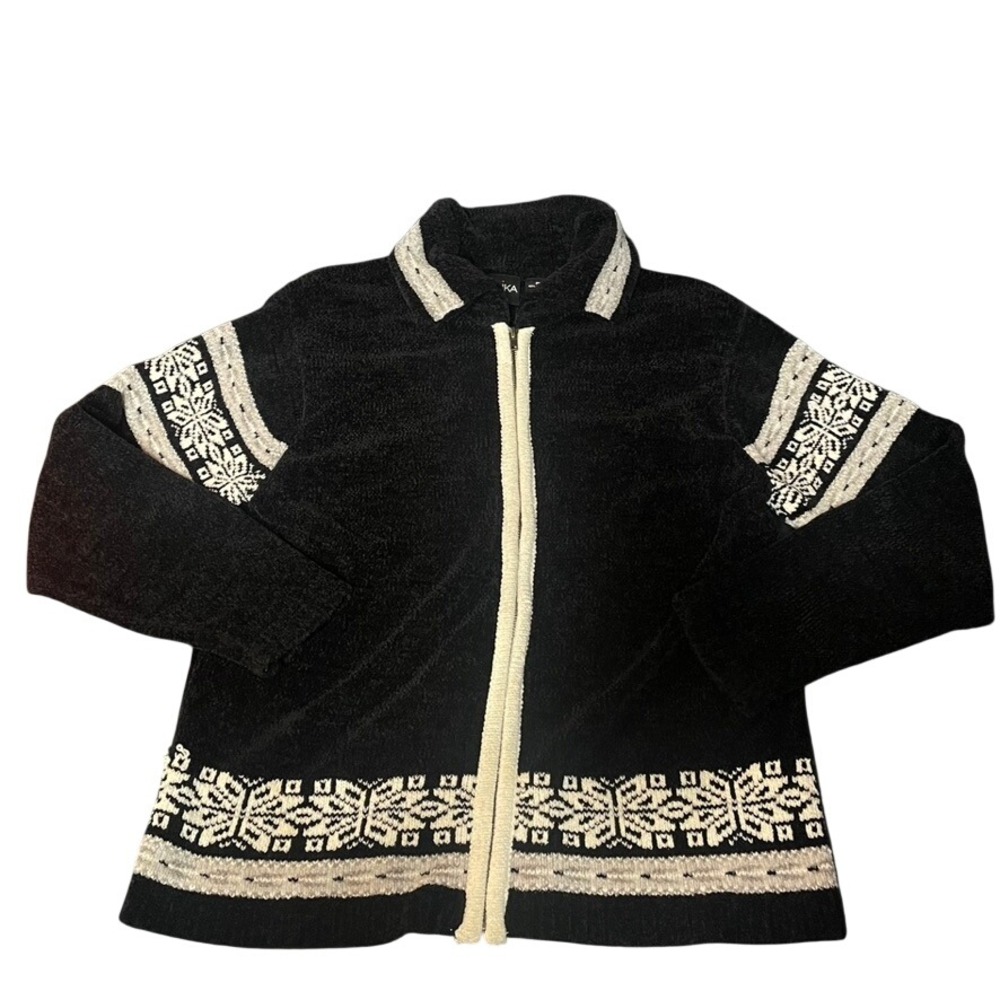 Erika Petite Black Fair‎ Isle Snowflake Full Zip Chenille Cardigan Sweater PL